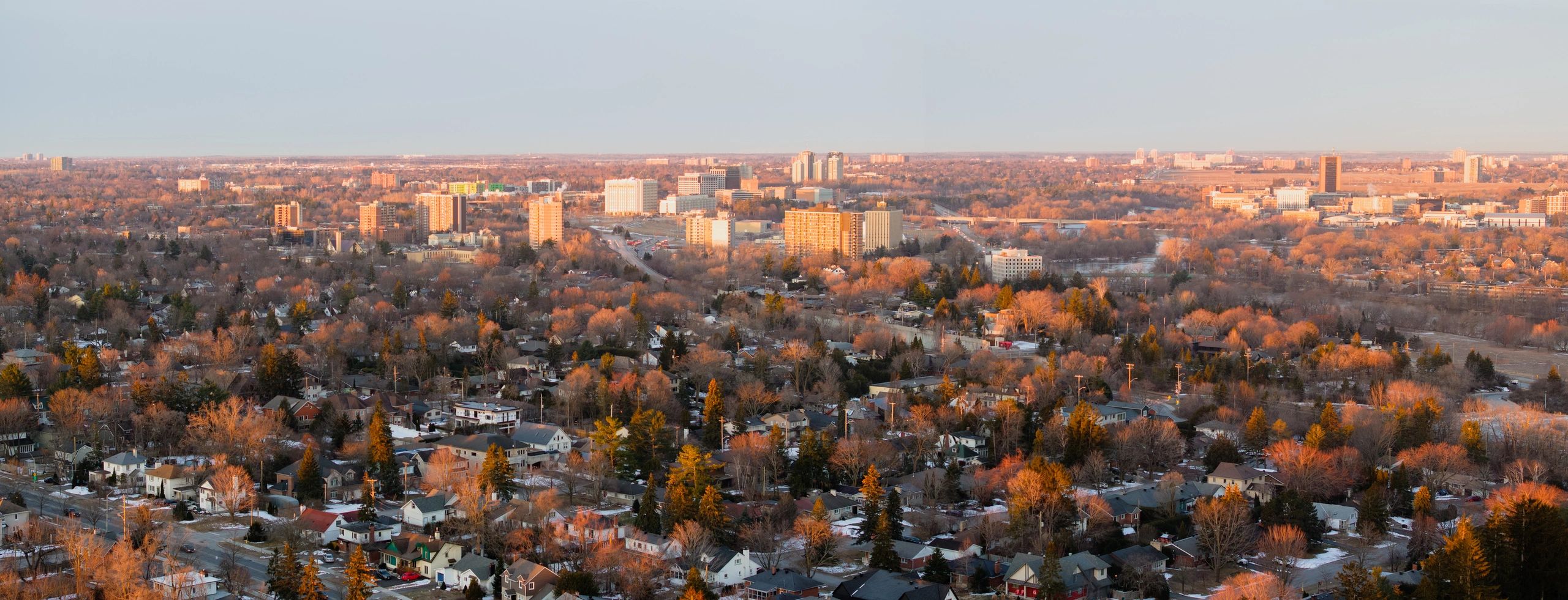 Aerial view of a Canadian city and surrounding neighborhoods